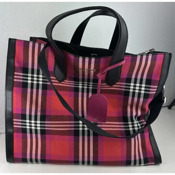 kate spade new york Manhattan Foliage Plaid Fabric Large Tote Bag Pink Multi EUC - Picture 13 of 14